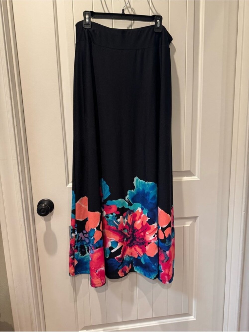 Valerie Stevens Black Maxi Skirt with Coral & Teal Floral Border